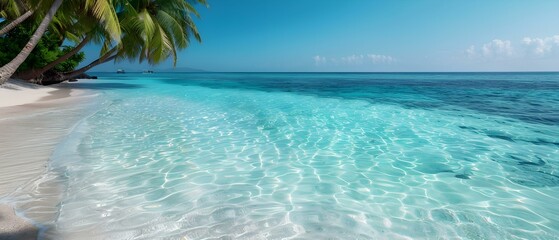 Fototapeta premium Serene Tropical Beach with Crystal Clear Water and Lush Green Palm Trees Under Bright Blue Sky