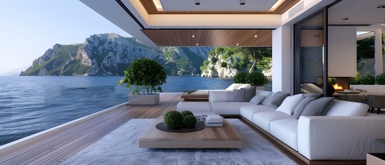 Fototapeta premium Modern Luxury Living Room Overlooking Serene Ocean and Scenic Mountain Landscape in Bright Daylight