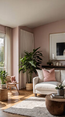 Fresh and inviting modern living room with a baby pink couch large windows letting in natural sunlight and a soft pastel pink theme