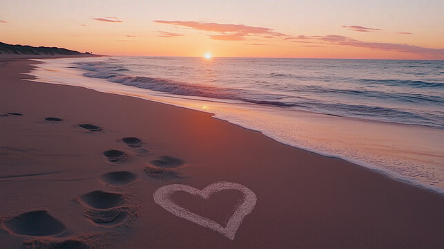 Two sets of footprints in the sand leading toward the ocean, with a heart drawn in the foreground