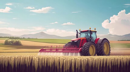 Fototapeta premium Farming tractor working on agricultural countryside area, Farm machinery spraying fertilize or pesticide on cultural field for good harvest