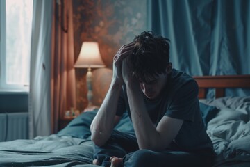 Man Sitting Alone on Bed Feeling Upset and Depressed