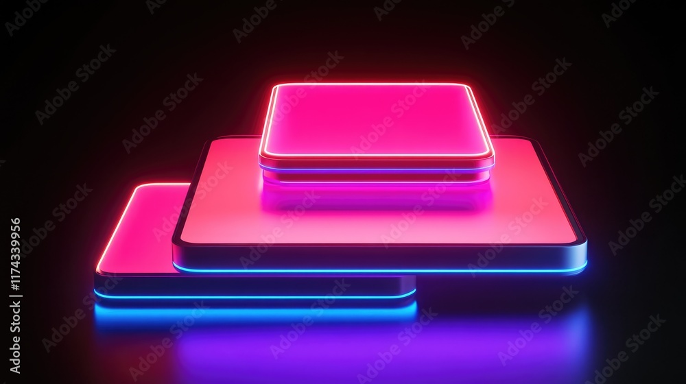 Poster a sleek d render of edge devices interconnected with data flows in vibrant neon colors on a black ba