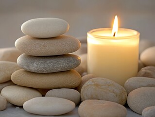 Obraz na płótnie Canvas Peaceful Zen Stones and Candle Arrangement for Relaxation