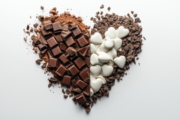 Coração de chocolate para um Dia dos Namorados inesquecível. Tabletes de chocolate espalhados em um fundo branco formam um coração tentador
