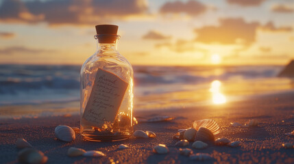 A glass bottle containing a rolled-up love letter, placed on a sandy beach with scattered shells