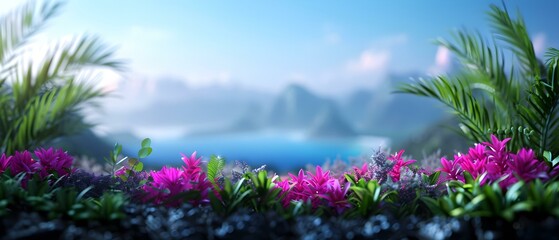 Obraz premium Vibrant Tropical Landscape with Colorful Flowers and Lush Green Foliage Overlooking a Serene Coastal View