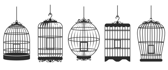 Set illustration of five unique, black silhouette bird cage designs, each hanging from a hook. The image showcases various cage shapes and intricate details, perfect for vintage-inspired decor
