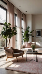 Spacious living room with a baby pink sofa large windows allowing natural sunlight and a pastel pink interior design for a bright and airy feel