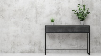 Modern console table plants concrete wall interior design mockup (1)