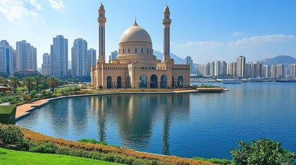 Obraz premium Scenic view of a mosque by a waterfront with modern buildings in the background.