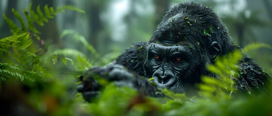 Majestic Gorilla in Dense Rainforest with Lush Green Ferns and Atmospheric Mood, Captured in the Wild