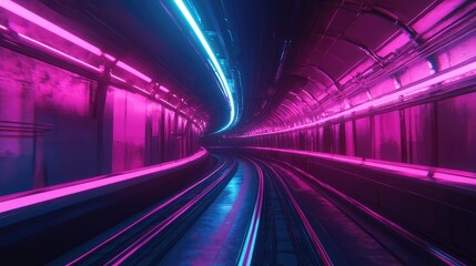 Fast underground subway train racing through the tunnels. Neon pink and blue light