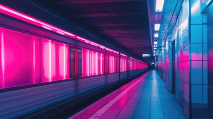 Fast underground subway train racing through the tunnels. Neon pink and blue light