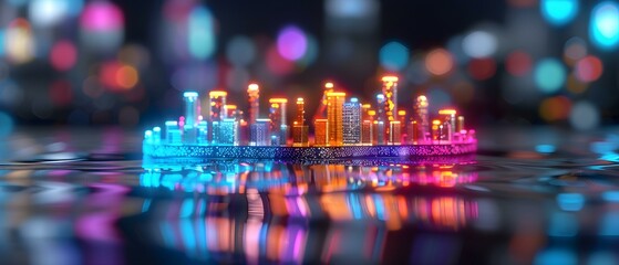 Futuristic City Skyline with Colorful Neon Lights Reflected on Water Surface in a Digital World
