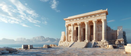 Naklejka premium Majestic Ancient Temple Ruins Against a Clear Blue Sky with Mountains in the Background