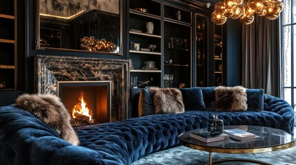 Luxurious Living Room with a Marble Fireplace and a Blue Velvet Sectional Sofa