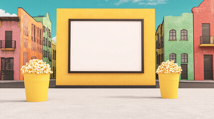 vibrant cartoon movie theater scene featuring oversized popcorn buckets in yellow pots, set against colorful buildings. empty screen invites imagination and excitement