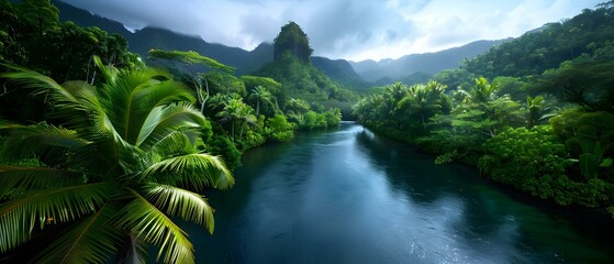 Fototapeta premium Serene Tropical Landscape with Lush Greenery and Tranquil River Under a Dramatic Sky