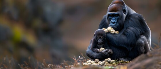 Tender Moment Between Mother Gorilla and Her Baby in a Natural Habitat Setting