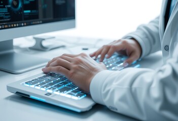Futuristic Woman with Augmented Hands Typing on a High-Tech Keyboard
