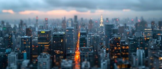 Fototapeta premium Cityscape at Dusk with Glowing Urban Lights Overlooking a Skyline with Dramatic Cloudy Sky