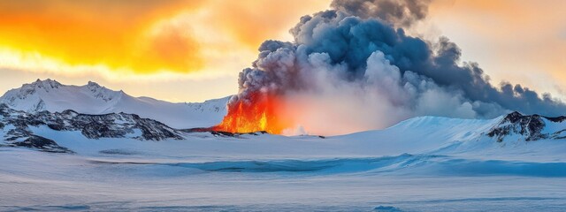 The dramatic eruption of Mount Erebus in Antarctica, Volcanic scene, Dramatic style