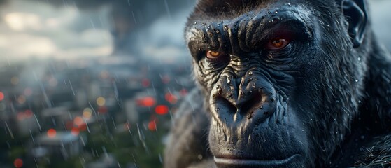 Obraz premium Majestic gorilla portrait with intense expression in a rainy urban setting, dramatic lighting and detailed fur texture