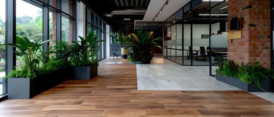 Fototapeta premium Modern office interior design with plants, wooden flooring, and large windows creating a bright and spacious atmosphere