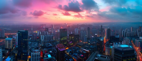 Fototapeta premium Panoramic View of Urban Skyline During Twilight with Vibrant Colors and Clouds Reflecting Sunset Light