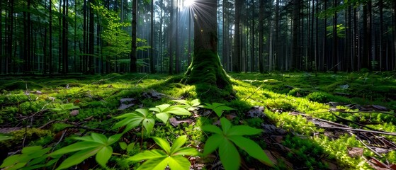 Sunlight Filtering Through Dense Forest Canopy at Dawn, Illuminating Lush Green Underbrush and Mossy Ground