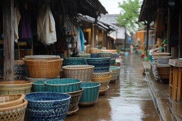 Rustic outdoor market with colorful baskets and goods