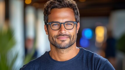 Man with glasses smiles confidently in a modern indoor setting during a sunny day