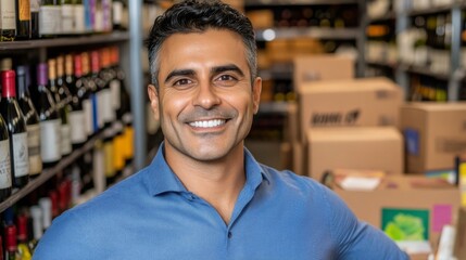 Obraz premium Smiling store manager in wine shop with shelves of bottles and boxes during evening hours