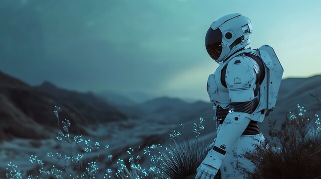 Astronaut Robot Surveys Alien Landscape At Dusk