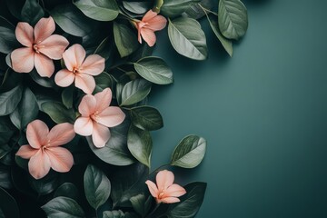 Obraz premium Delicate pink flowers with green leaves arranged on a dark teal background