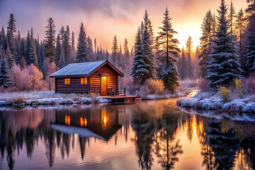 Fototapeta premium serene wooden cabin by frosted lake, surrounded by tall trees at sunset