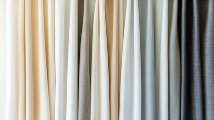 Fototapeta premium Elegant array of neutral tone curtains in various textures and colors, showcasing soft hues that enhance any interior space. Perfect for creating serene atmosphere