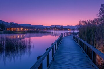 Fototapeta premium Wooden pier at sunset with a vibrant purple and pink sky