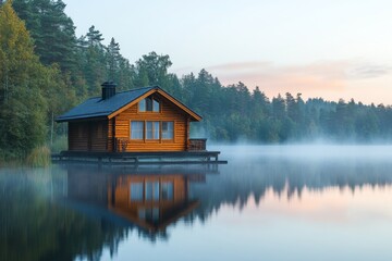 Fototapeta premium Wooden cabin by a serene lake surrounded by pine trees at sunrise