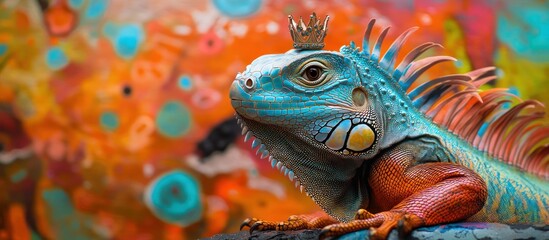 Obraz premium A blue iguana with an orange and yellow crown on its head, sitting in front of an abstract paint splatter background.