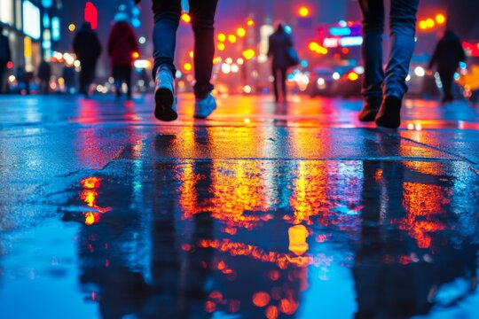 Reflections of colorful lights on wet pavement during nighttime