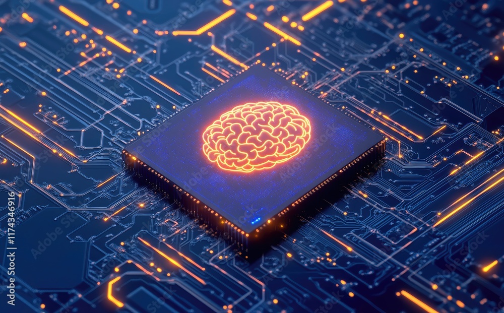 Poster A blue and orange glowing chip with an AI brain on top, placed in the center of a complex circuit board, creating a striking contrast between technology and creativity. Ideal for tech-related graphics