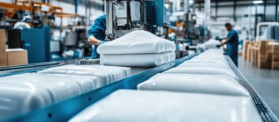 A factory conveyor belt with white plastic bags moving along it. Workers are visible in the background.