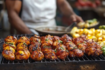 Naklejka premium Grilled skewers with vibrant vegetables on a barbecue