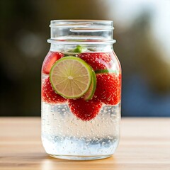 Jar of infused water with strawberries, lime slices, and mint, health and hydration.