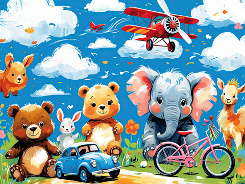 Fototapeta cute baby animals wallpaper mural for kids, hand drawn, bear, elephants, plane, cars, bike, 