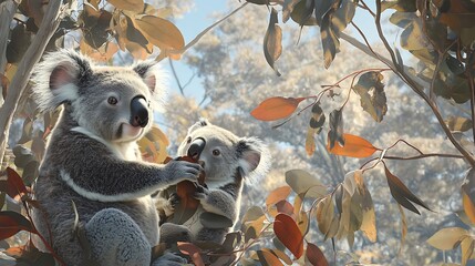 Obraz premium Koala Family in Eucalyptus Tree: A Touching Moment of Australian Wildlife