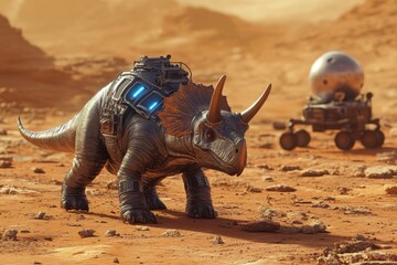 Fototapeta premium A dinosaur with a rocket on its back is standing on a rocky surface