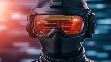A futuristic figure in a high-tech helmet and goggles, surrounded by digital patterns, conveying a sense of advanced technology and virtual reality.